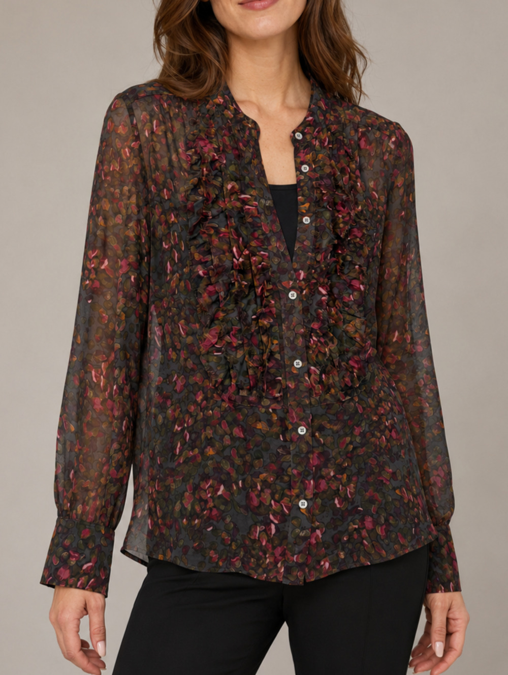 J.Crew Silk Chiffon Blouse Womens 6 Floral Ruffle Button Front Long Sleeve Top